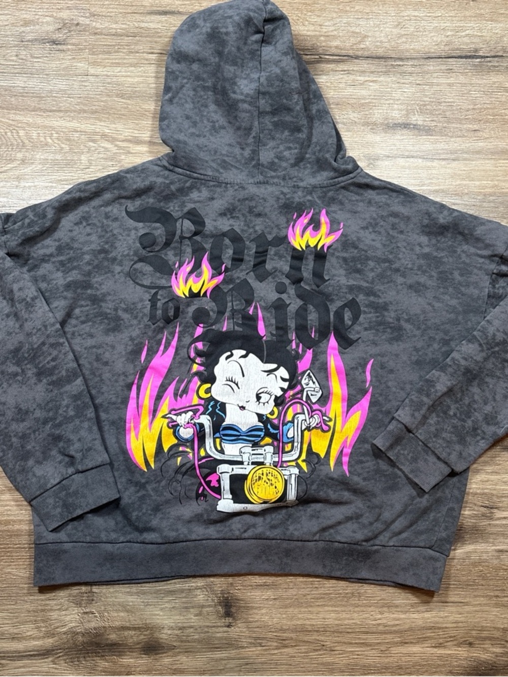 Betty Boop Gray‎ Tie-Dye Hoodie with Pink & Yellow Flame Graphic